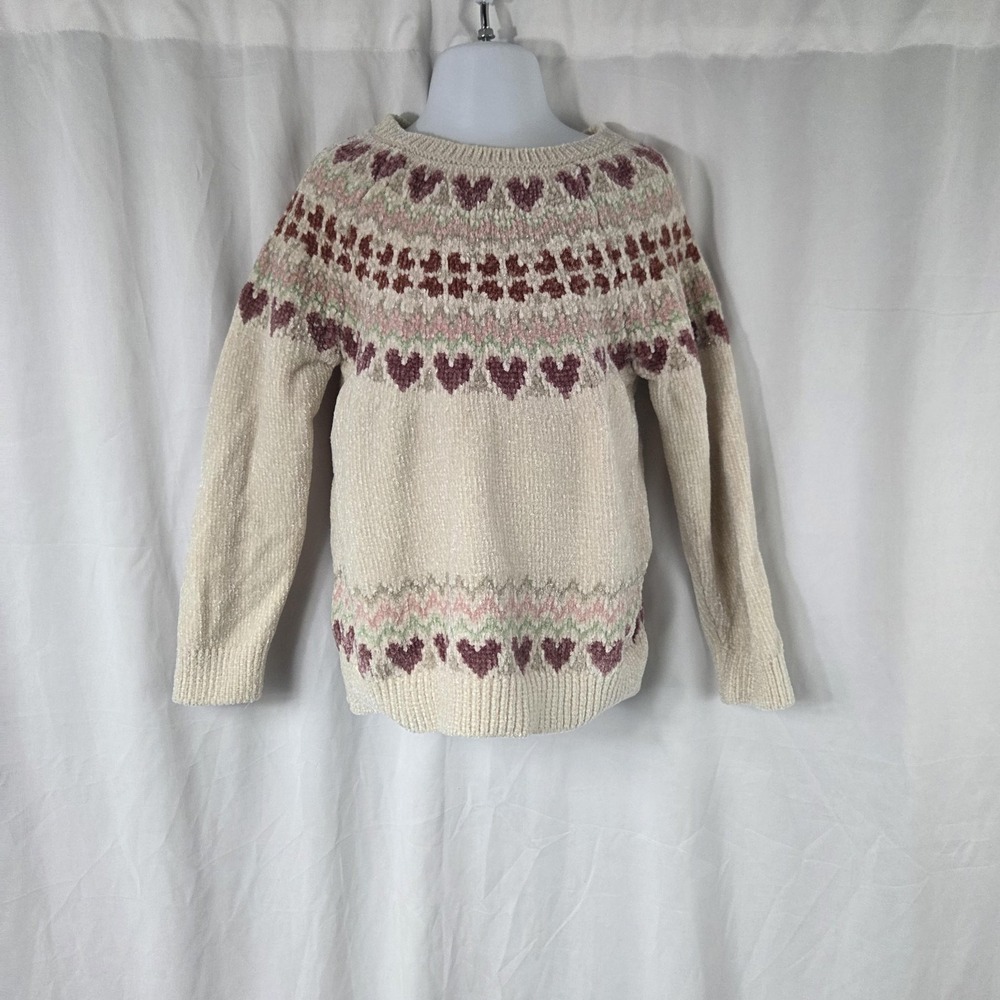 H&M Sweater Girls 5-6 White Fair Isle Heart Knit Metallic Pullover Long Sleeve